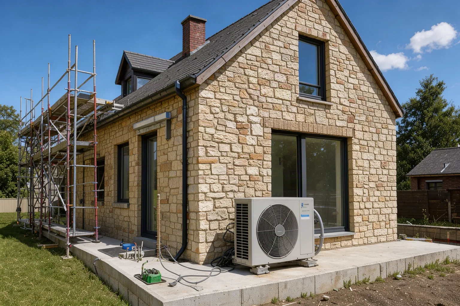 Pompe à chaleur extérieure devant une maison rénovée