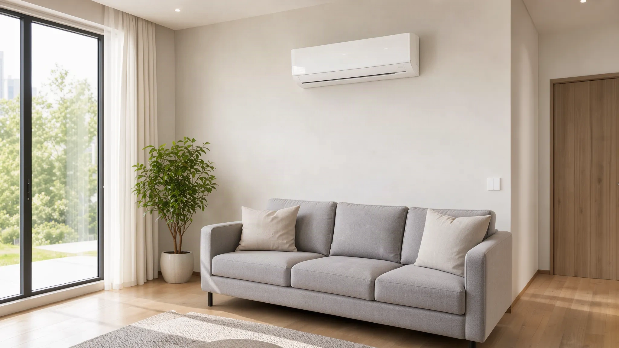 Salon moderne avec climatiseur split mural clair