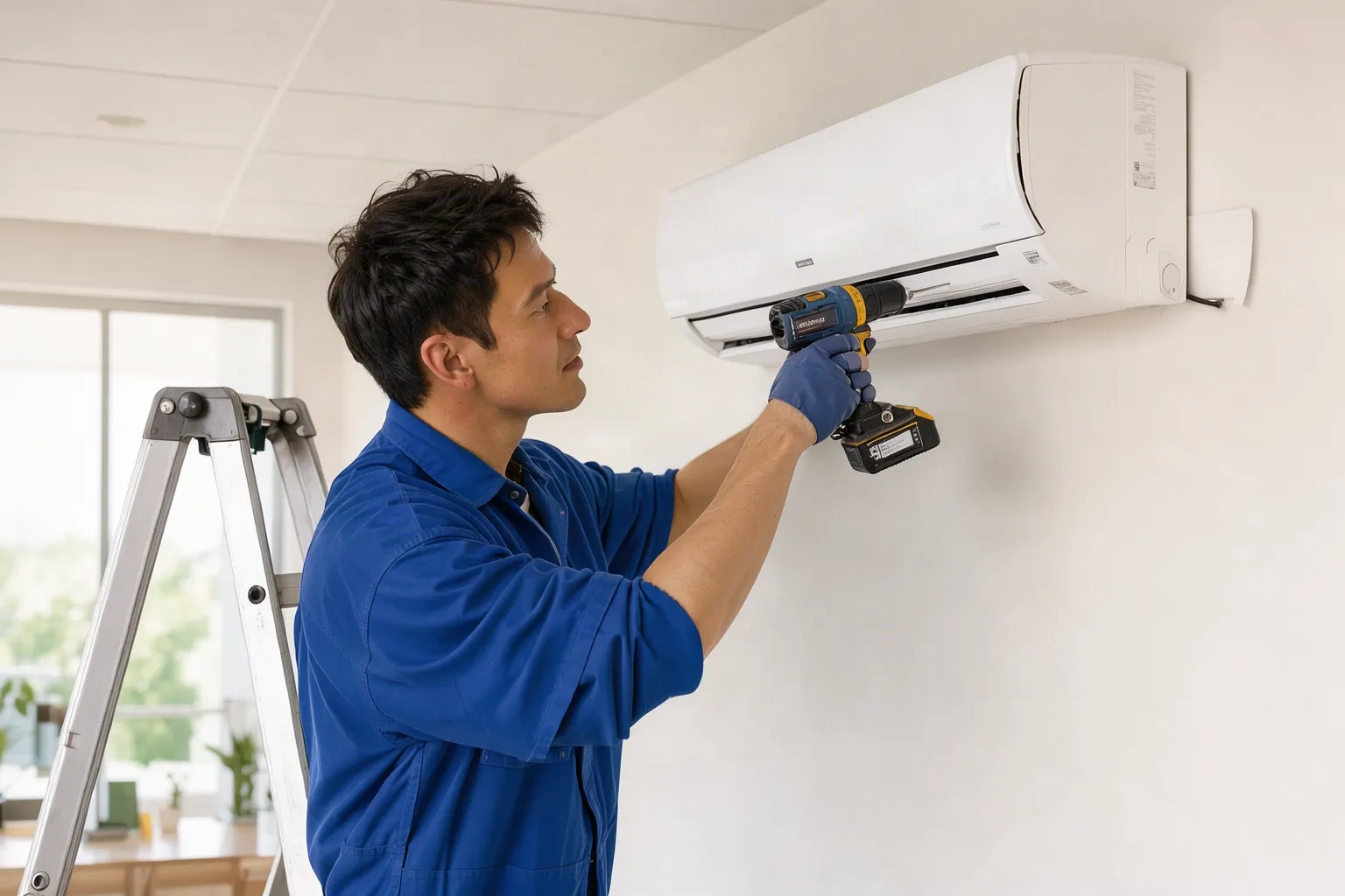 Technicien INTEC installant un climatiseur mural